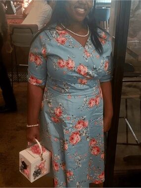 Floral Wrap Midi Dress - Blue with Pink Roses